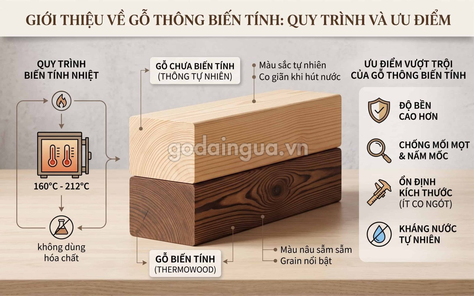 Các đặc điểm của gỗ Thông biến tính